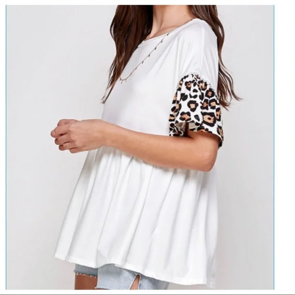 #26 Boho Leopard Trim sleeves tunic soft Flowy baby doll top - Picture 2 of 10